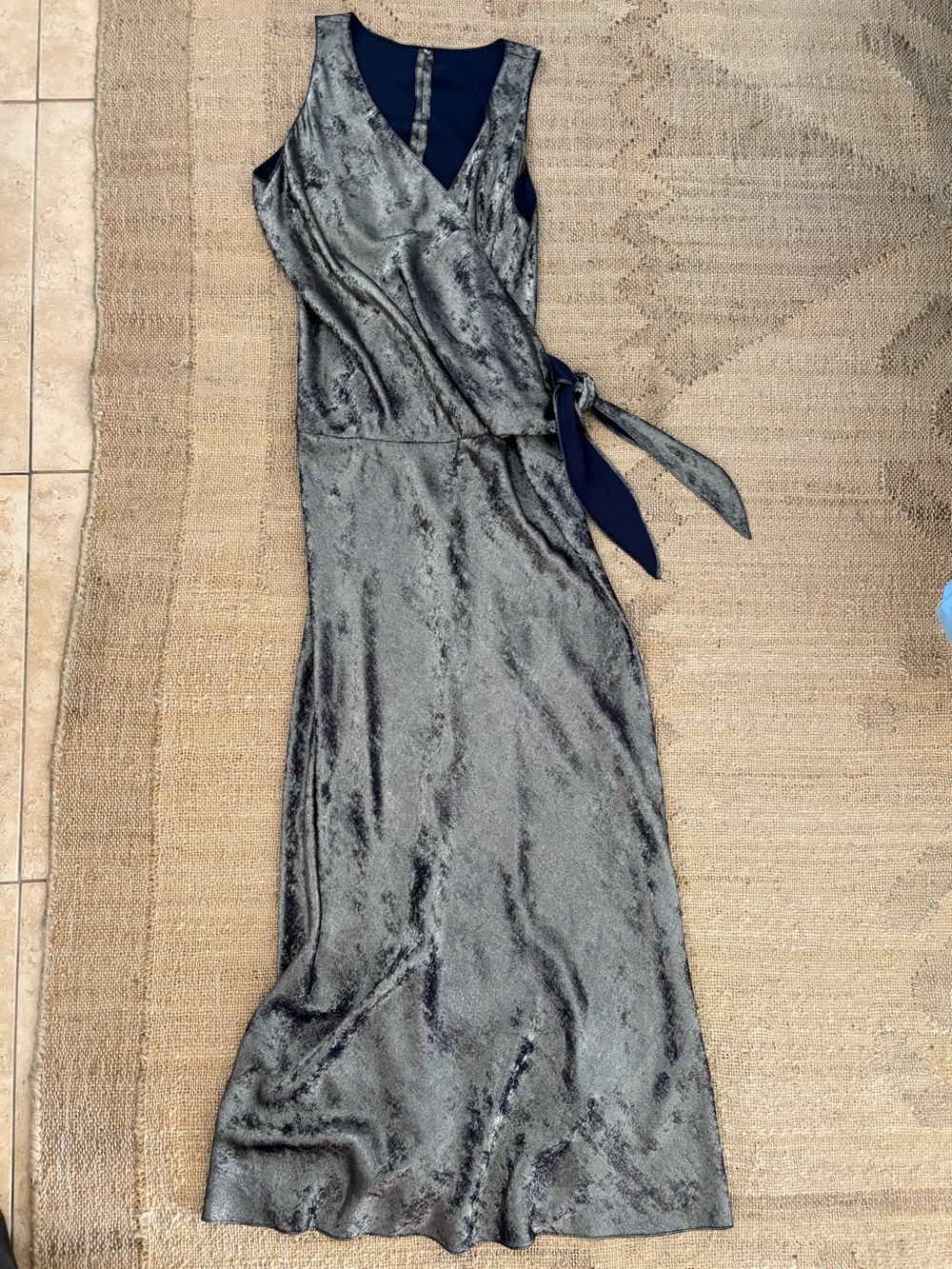 Sleeveless Metallic Silver Wrap Maxi Dress with Side Tie